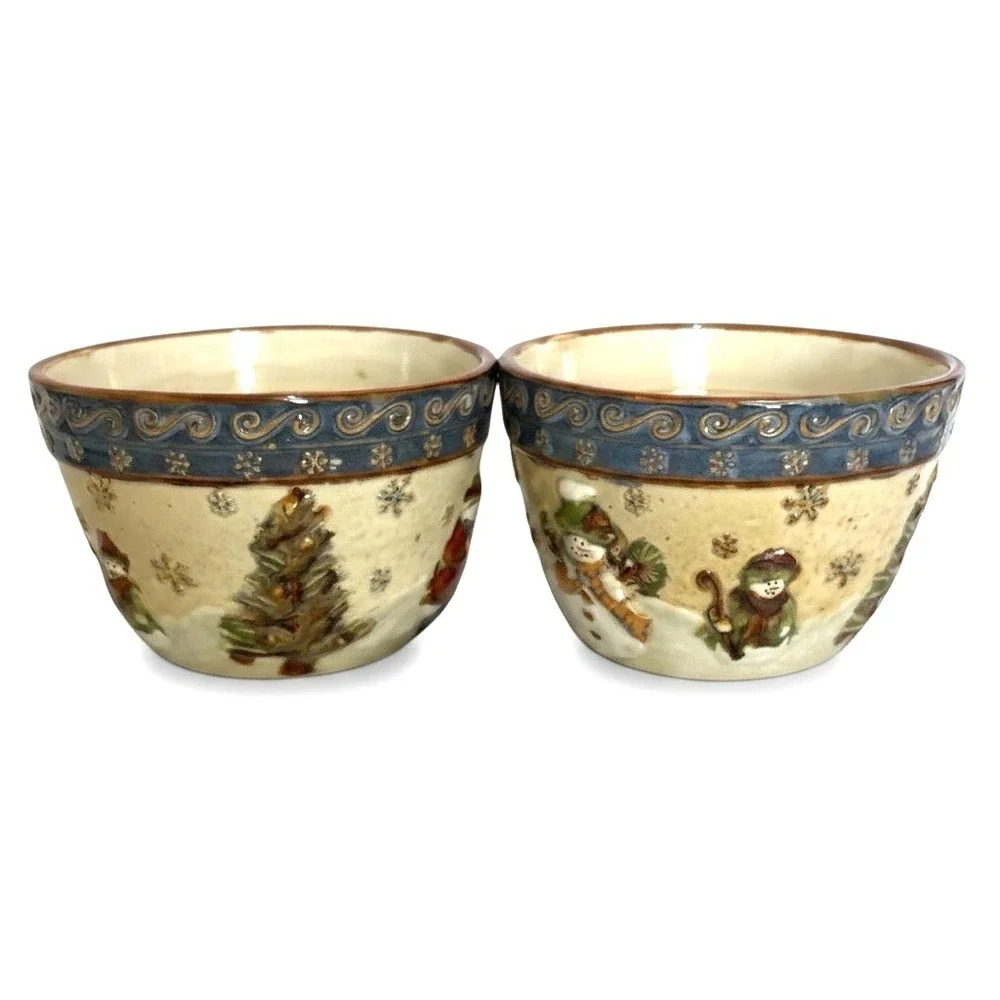 VTG St. Nicholas Square Forest Friends Snowman Ceramic Bowls Set of 2 Christmas
